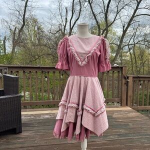 Vintage Handmade Pink Floral Square Dancing Dress with Lace Trimming